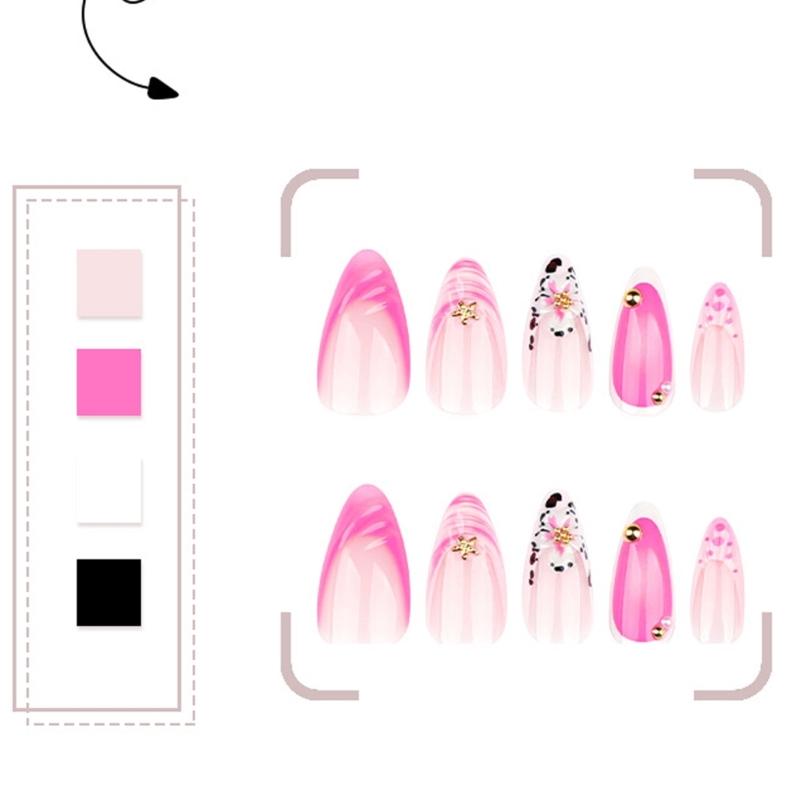24 ks mandlových nalepovacích nehtů s květinovým francouzským designem, akrylové falešné nehty, umělé nehty s lepidlem na nehty pro ženy a dívky