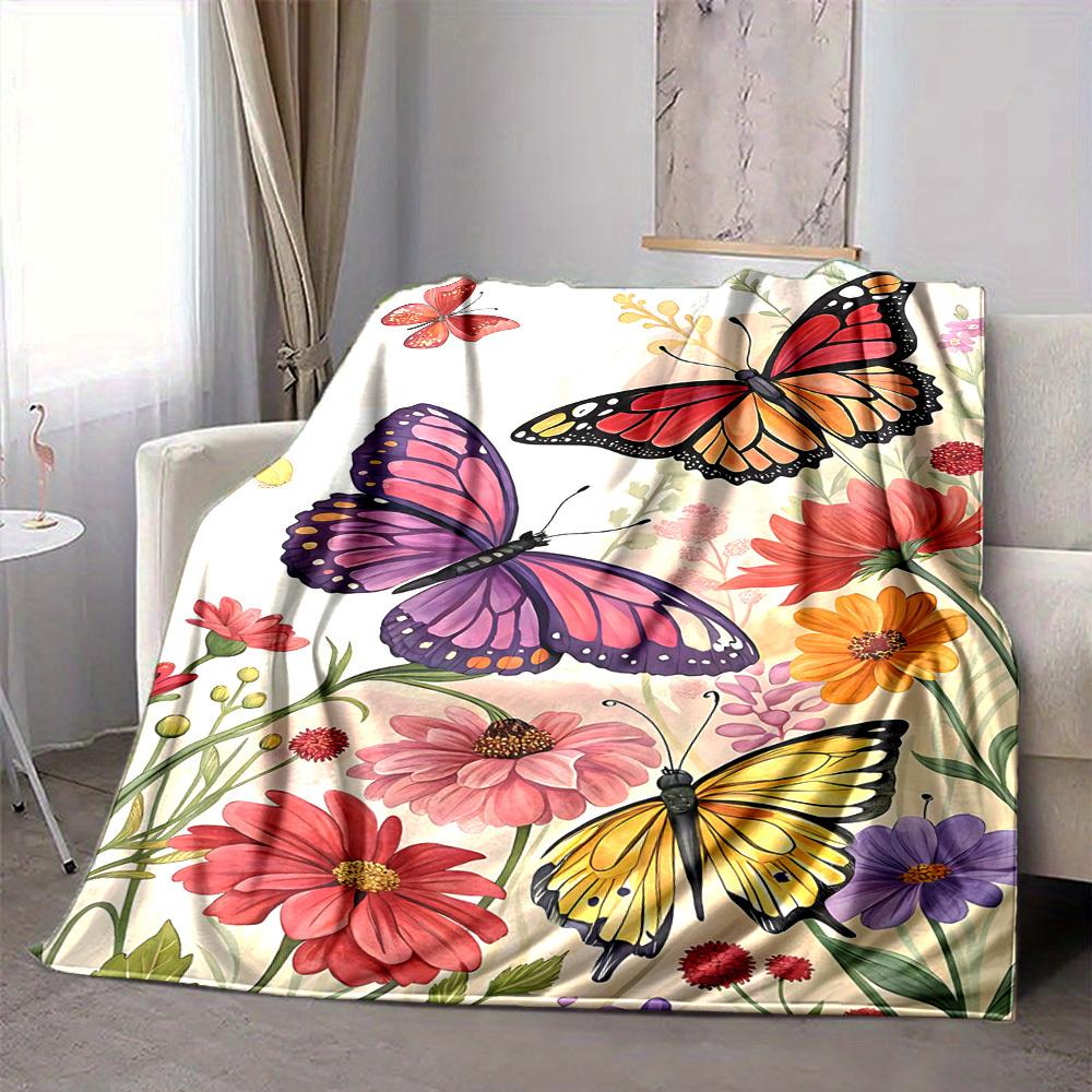 1pc Butterflies Flowers Lightweight Flannel Blanket, Comfortable and Warm Blanket, for Office and Camping Sofa Bed, Livingroom142