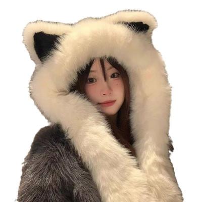 Winter Fox Ear Shape Integrated Cap Scarf Soft Plush Thickening Beanie Hat Scarf Casual Windproof Neck Warmer for Women