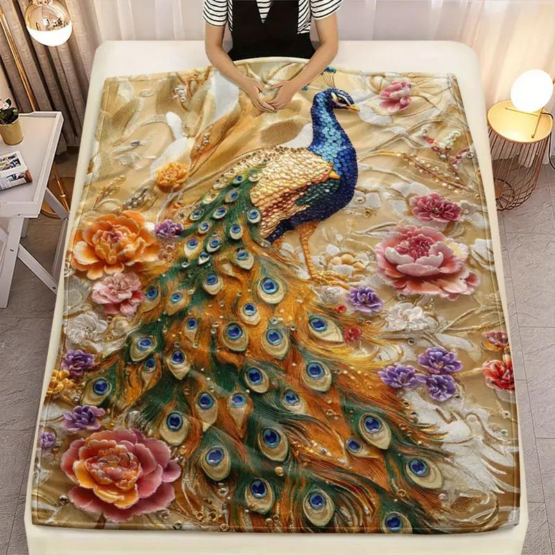 Peacock Floral Digital Print Blanket - Lightweight Flannel for Sofa Bed Travel Camping - Modern Home Decor Halloween Christmas 130x150cm