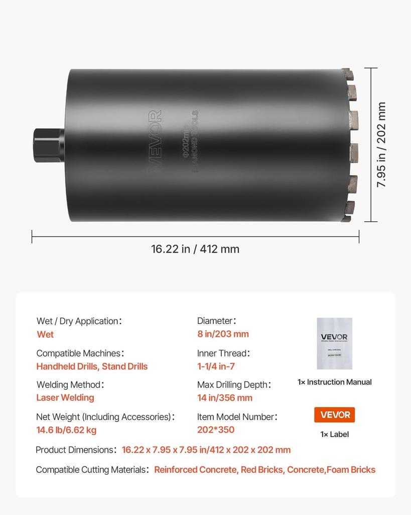 Διάτρητο Πυρήνα, Διάμετρος 203 mm, Βάθος Διάτρησης 356 mm, Εσωτερικό Σπείρωμα 1-1/4 in-7, Τεχνολογία Συγκόλλησης Υψηλής Ακρίβειας, Πυρηνικό Διάτρητο με Διαμάντι για Υγρή Διάτρηση