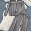 Autumn Winter Women Casual Striped Knitted Sweater Trouser Two Piece Set Polo Collar Pullover Tops and Pocket Pant Tracksuit