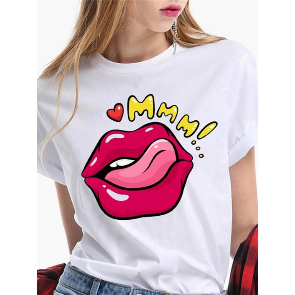 Fashion Sexy Red Lip Women T Shirt Funny Kiss Lips Print Ladies Casual Basis O-collar Short Sleeves Female Tops Tees