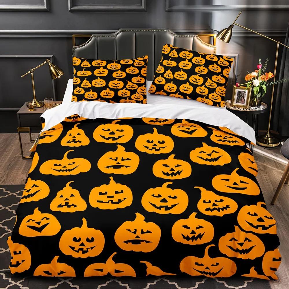 3D Print Halloween Bedding Set, Halloween Cartoon Jack O' Lantern Tombstone Skulls And Bones 2-3Pcs Polyester Duvet Cover Set