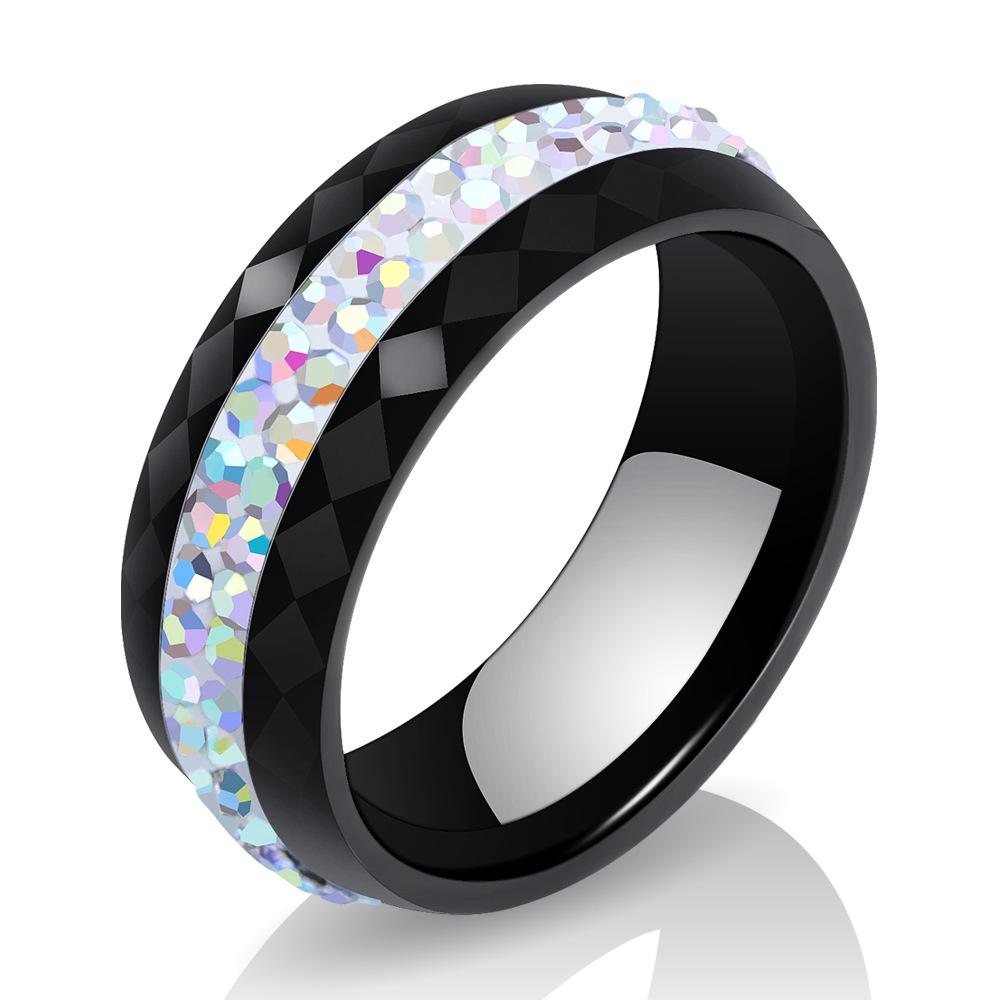 8MM Black and White Ceramic Ring with Dual Row Inlaid Diamonds for Women