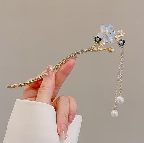 Vintage Chinese Style Hair Sticks Forks Flower Pearls Pendant Designs Women Girls Hanfu Dress Hairpins Side Clips Fringe Jewelry