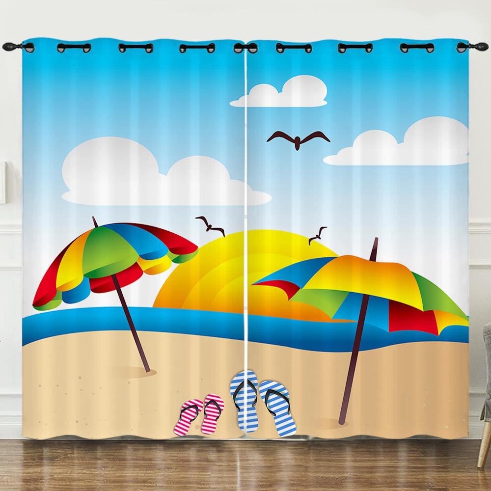 Curtains Summer Vitality Orange Beach Digital Printing Blackout Curtain Punching