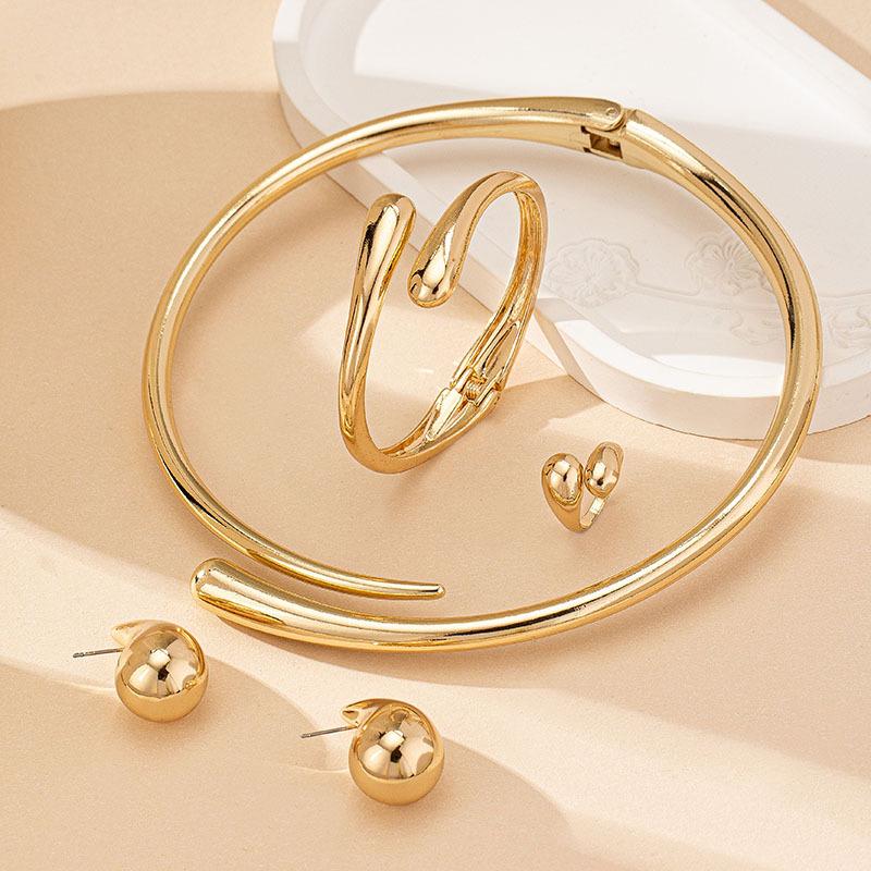 European and American Trend Water Drop Design Collar Bracelet Stud Earrings Ring Set Retro Simple and Elegant Jewelry