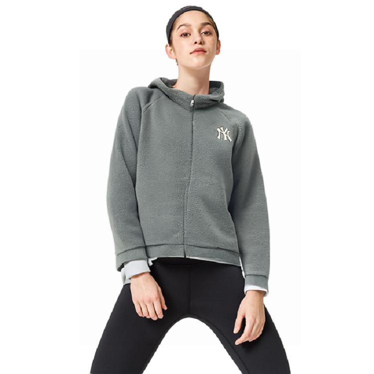 MLB Logo Embroidered Stand Collar Long Sleeve Fleece Jacket Women jackets Gray 3FFDB0136-50GRS