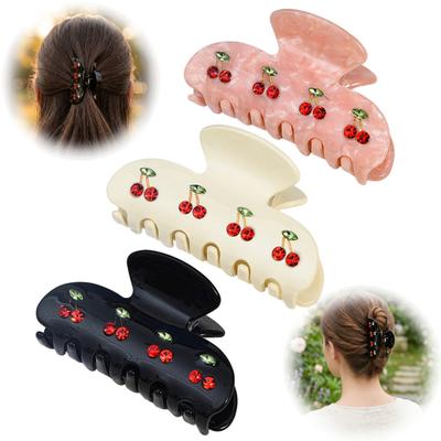 Pinza per Capelli con Strass Scintillanti Intarsiati Modello Decorativo Ciliegia Pinza per Capelli Posteriore Design a Denti Larghi Pinza per Capelli Accessorio Versatile per Capelli