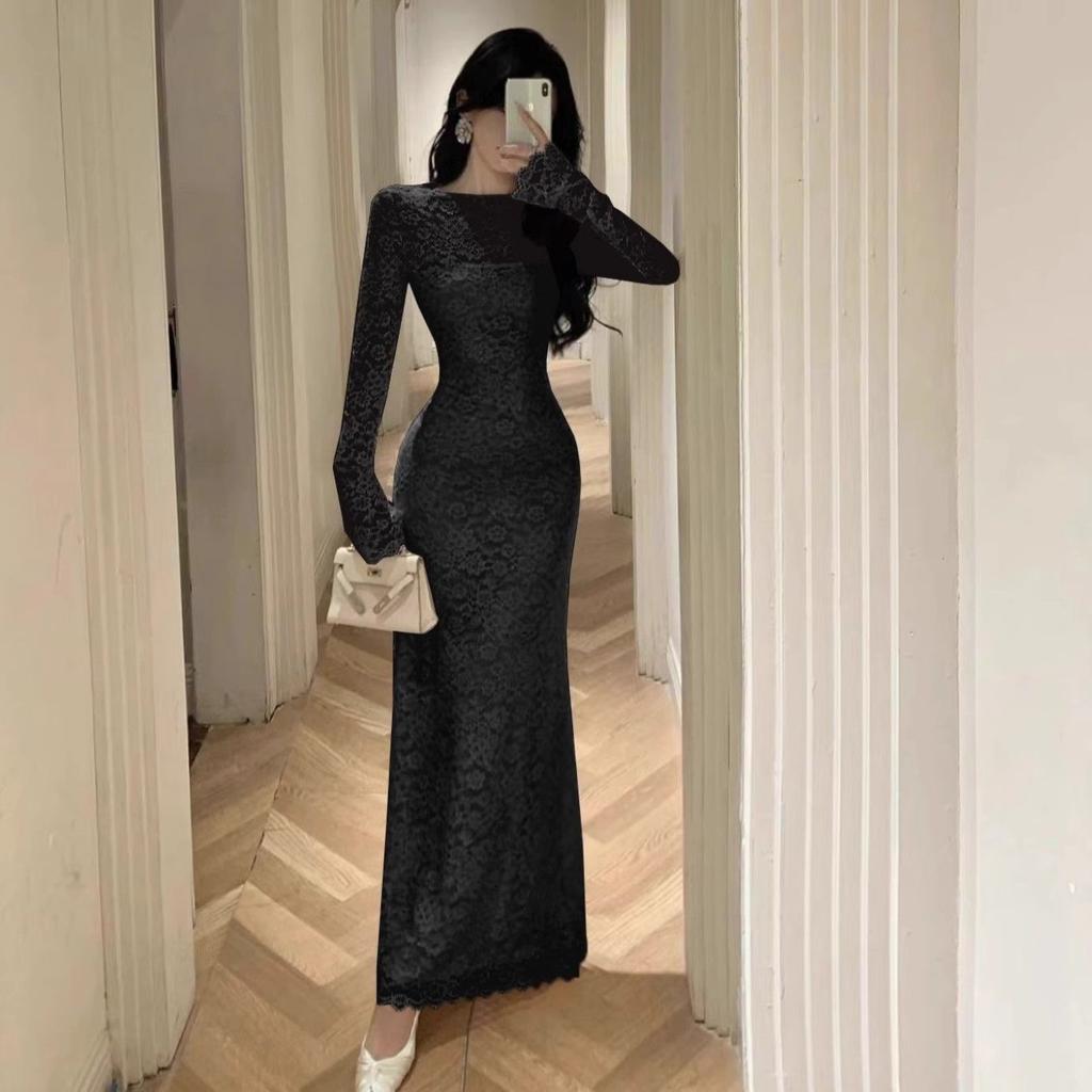 Horn Sleeve Lace Dress with High-end Feel Slim Fit and Waist Cinching Long Skirt