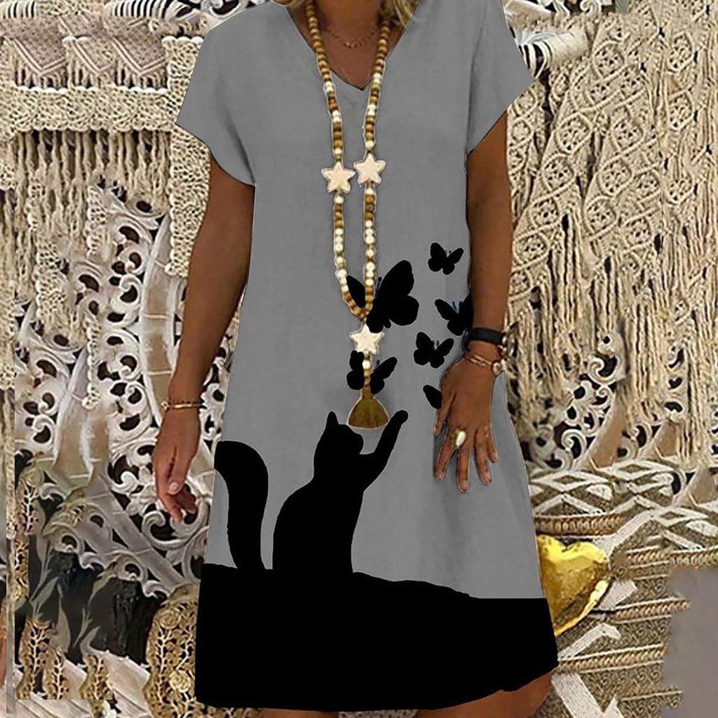 Loose Fit Mid-Length Dress with Off Shoulder Design and Printed Pattern Casual Summer Beachwear for Women