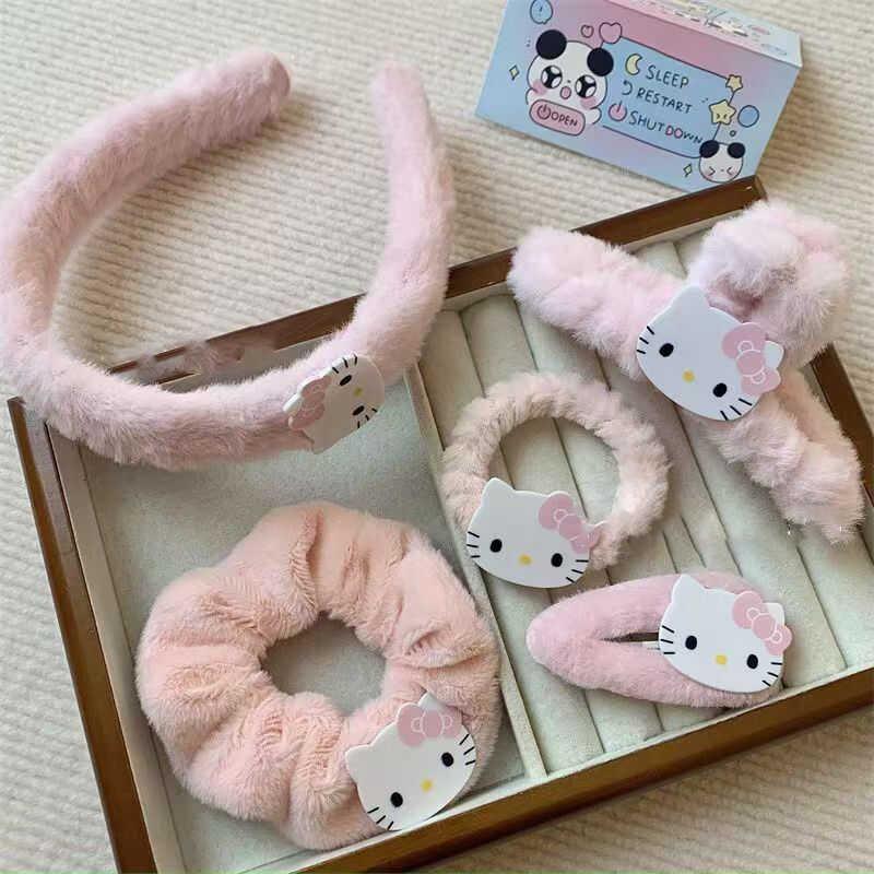 Sweet Pink Kitty Plush Hair Tie & Headband Set - Cute Girly Hair Accessories Pink KT Hair Clip