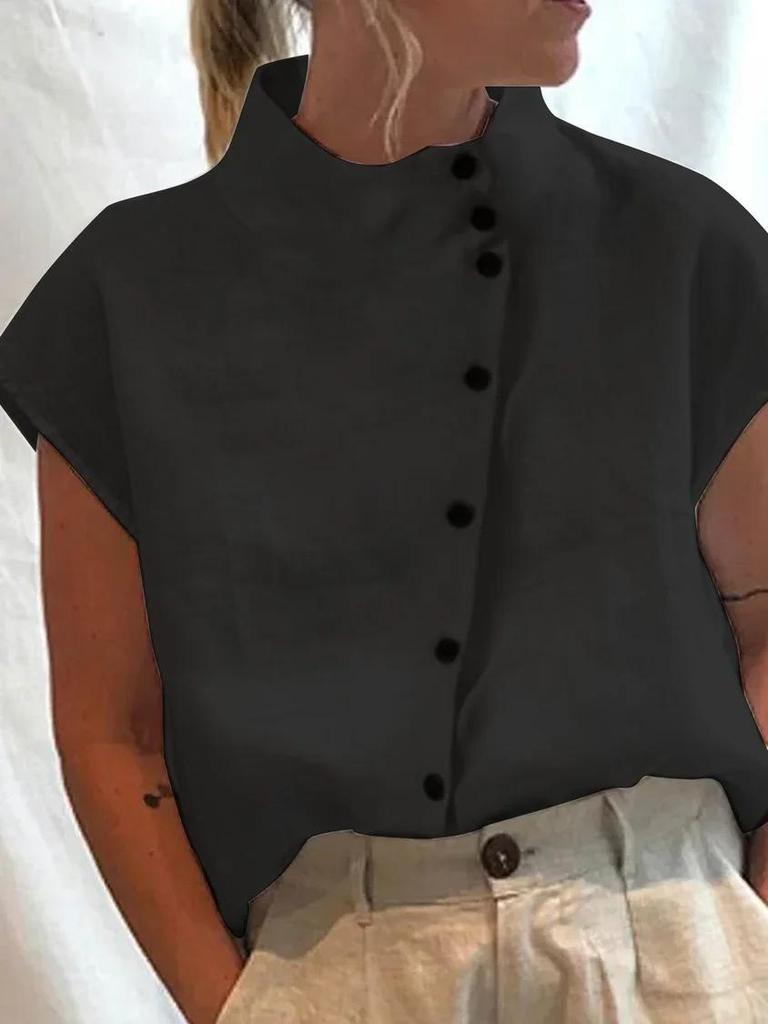 New Trendy Stand Collar Women's Short-Sleeve Button-Up Shirt
