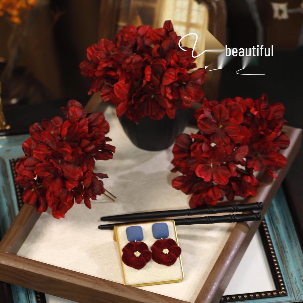 Retro Wine Red Fabric Flower Bridal Hairpin - Classical Chinese Style Headpiece