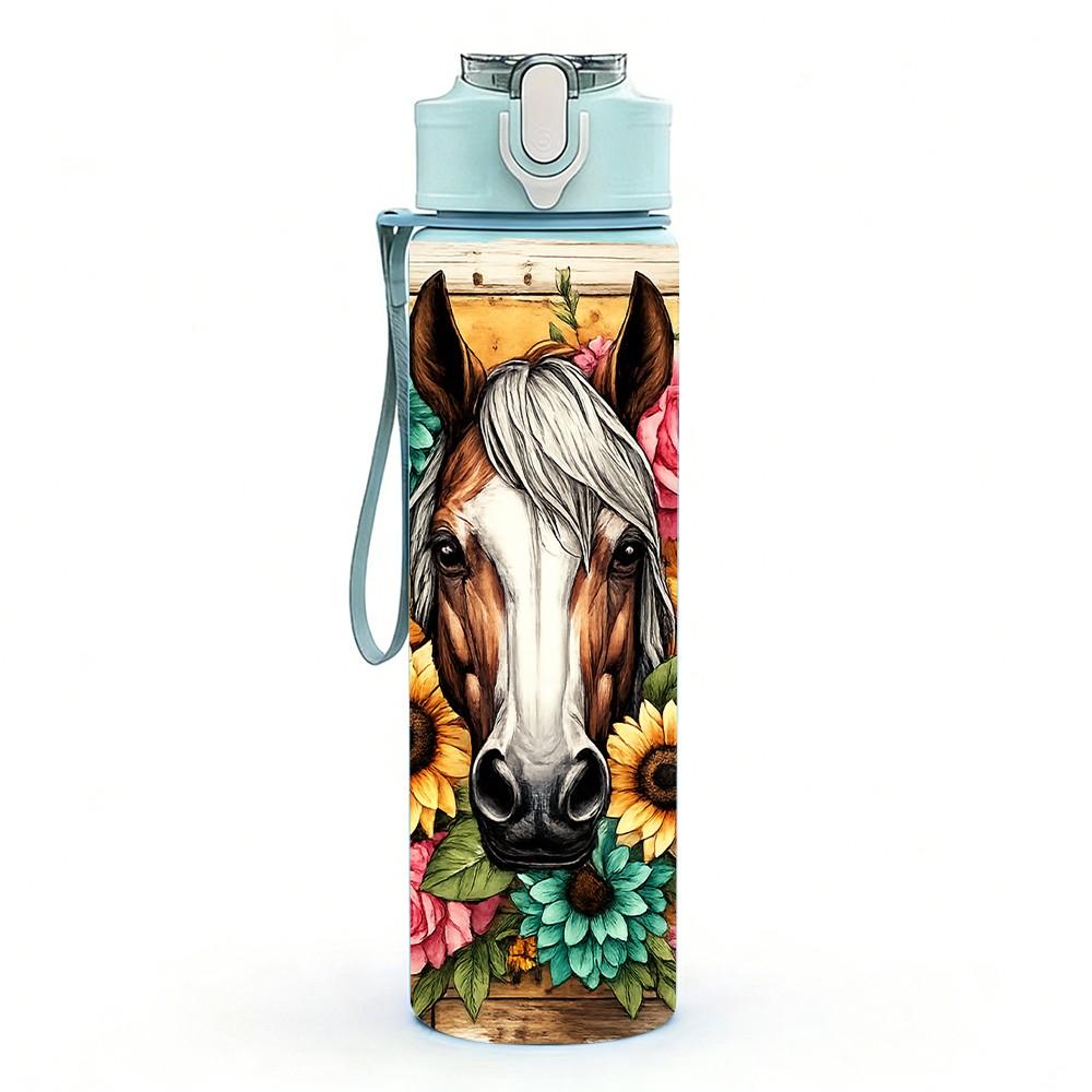 1 Stück Sonnenblumenpferd Westlicher Country-Druck 750ml Farbe Kunststoff Sport-Wasserflasche Auslaufsicher Klappdeckel mit Strohhalm Geeignet für Sport Büro Hausgebrauch