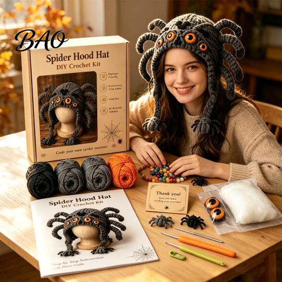 Parent Child Art Project Highland Cow Hat Crochet Kit, Halloween Pumpkin Spider Hood Handmade Holiday Ornament DIY Craft Kit for Adults Teens