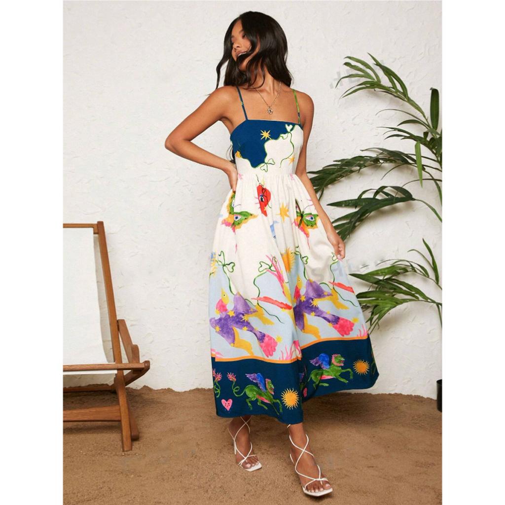 Women's Summer Casual Boho Long Sundress Spaghetti Strap Square Neck Sleeveless Flowy Maxi Dresses A Line Beach Dress for Women
