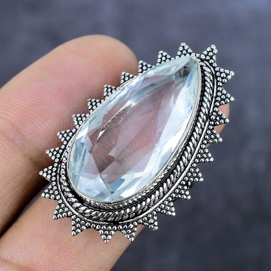White Topaz Gemstone Handmade 925 Sterling Silver Jewelry Ring Size 7 q8I47
