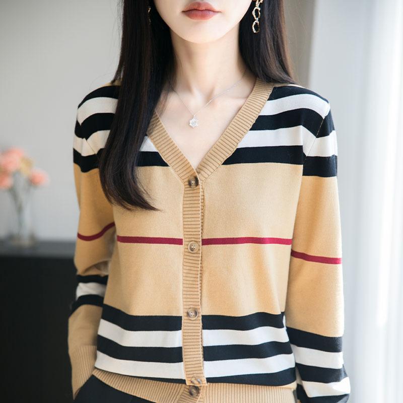 Women S V Neck Striped Knit Cardigan Loose Long Sleeve Fall Winter Outerwear