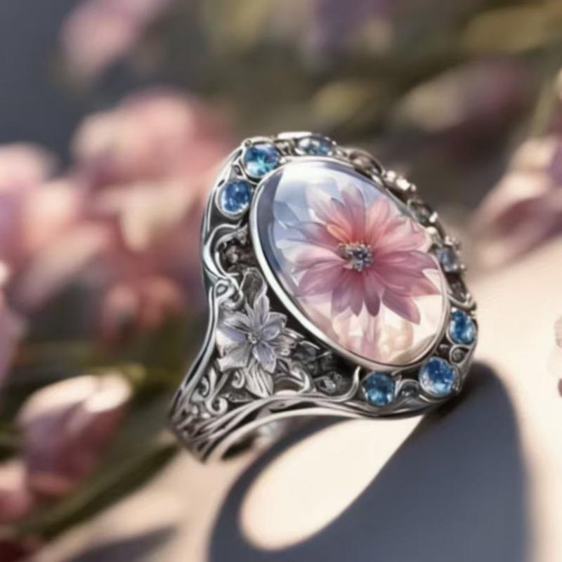 Bohemian Style CopperColor Pattern Inlaid Synthetic Zircon Flower Ring Women's Banquet Party Jewelry Accessories Gift