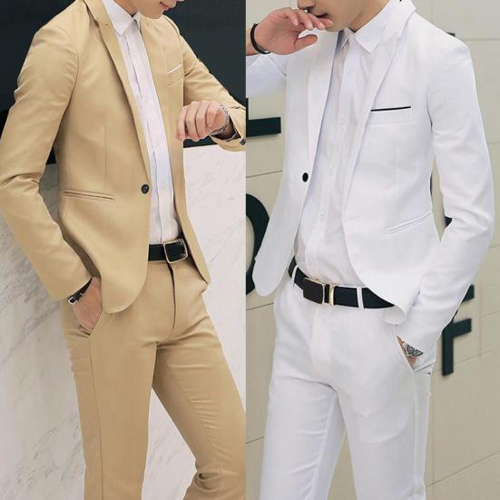 2Pcs Office Business Men Solid Color Lapel Long Sleeve Slim Blazer Pants