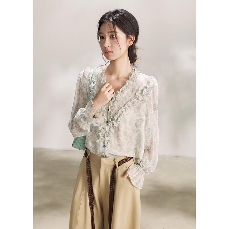 French Retro Paisley Print V-Neck Chiffon Blouse