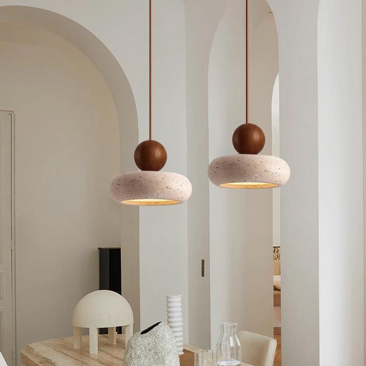 Retro Wabi-Sabi Yellow Travertine Pendant Light - Small Bedside Lamp for B&B or Bar, Solid Wood Round Ball Design