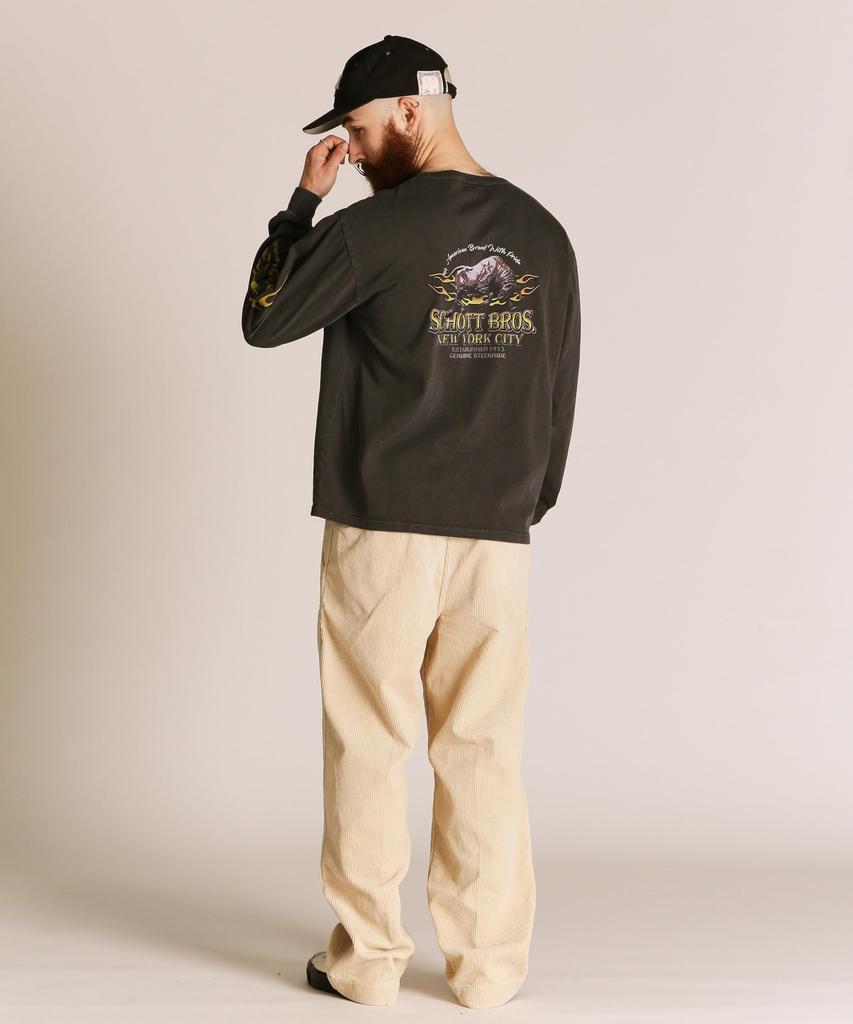 Schott FIRE PTTERN HENLEY LS T-SHIRT, Fire Pattern Henley Neck Long Tee, Men's, Size XL, 010, Black, 782-5230008