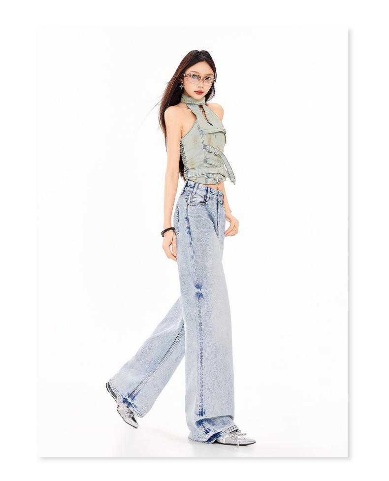 Women's Retro Sky Blue High-Waist Jeans, 2026 Spring/Summer Collection - Loose, Slimming, Floor-Length, Straight-Leg Versatile Pants