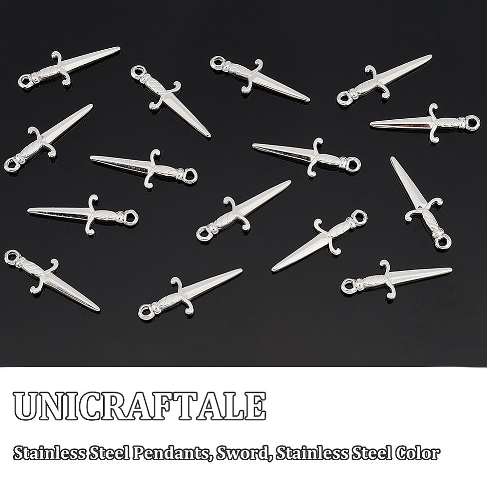 16Pcs 201 Stainless Steel Pendants Sword Stainless Steel Color 27.5x10.5x2.5mm Hole: 2mm 16pcs/box