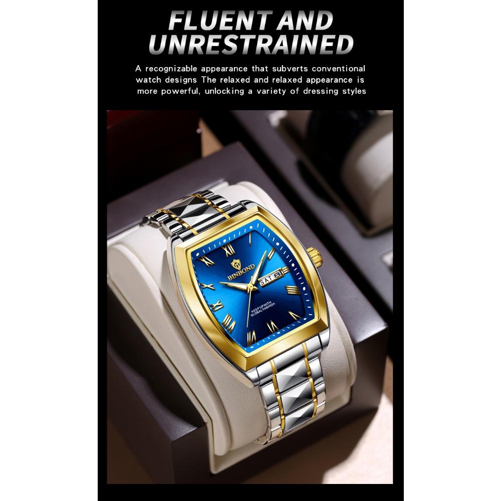 BINBOND B355 Stainless Steel Men Watch Top Quailty Luxury Push Button Hidden Clasp Waterproof Luminous Date Week Sport Men Watch