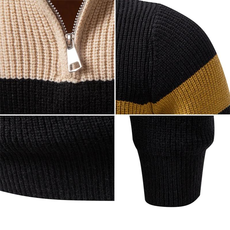 Triped Sweater Men Fashion Patchwork Knitted Pullovers Mens Stand Collar Half Zipper Knit Sweater Warm Pullover Tops