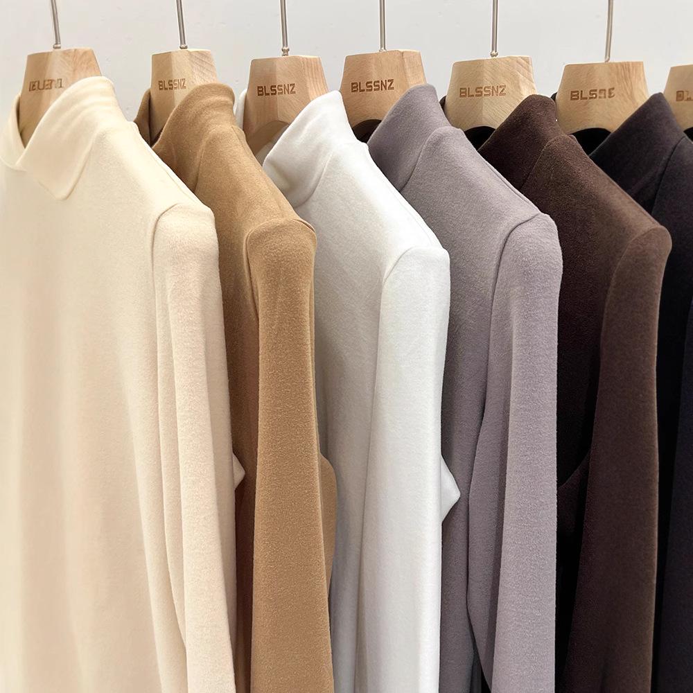 Velvet Semi-High Neck Long Sleeve Women's Modal Base Layer T-Shirt - Slimming White Autumn/Winter Fashion Top