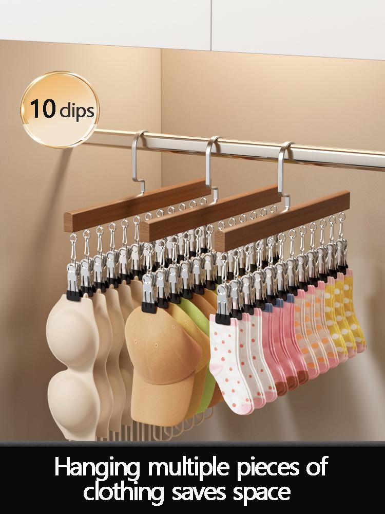 I KNOW Vintage Color 10 Clips Wood Hanger Strong Wooden Storage Rack Multi-function Tie Socks Pants Hanging No Trace Drying Rack