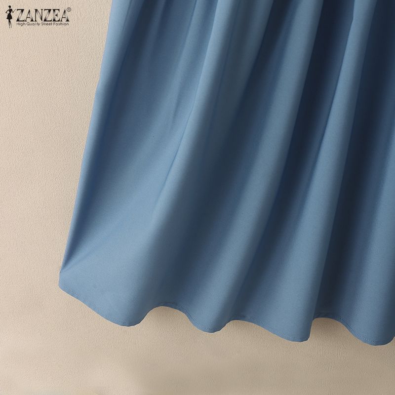 ZANZEA Women Casual Round Neck Solid Color Long Sleeve Long Dress