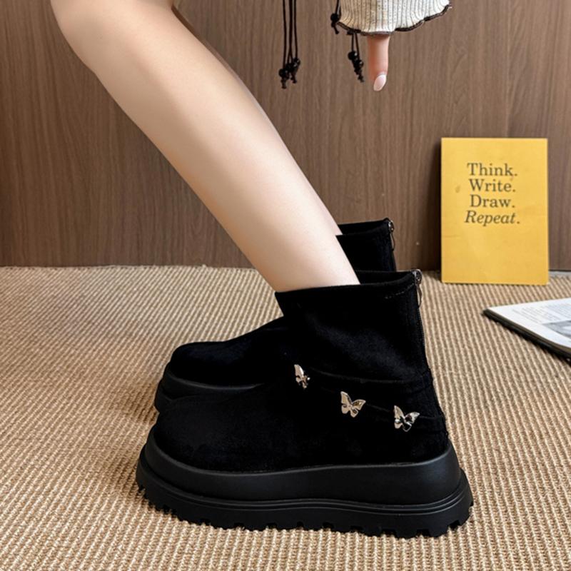 Fashion Metal Butterfly Decoration Suede Boots Women 2025 Autumn Chunky Platform Wedge Heel Boots Rear Zip Thick Bottom Booties