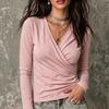 T-shirt Casual da Donna Autunno 2026 con Scollo a V Incrociato, Maniche Lunghe Plissettate