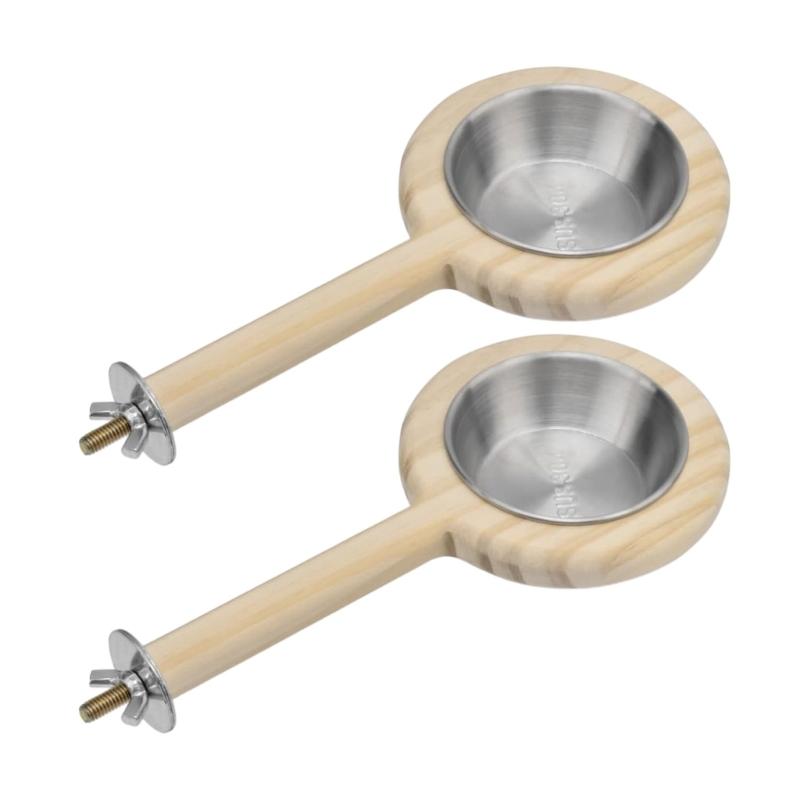 Wood Base Stainless Steel Parrots Feeding Bowl Food Water Dish Perch Stand For Cockatiels Lovebirds Small Bird Feeder