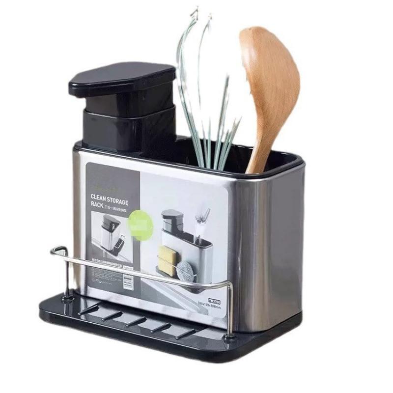 3 In 1 Kitchen Sink Storage Rack Stainless Steel Soap Dispenser Sponge Holder Easy to Clean for Dishwashing Countertop Organization