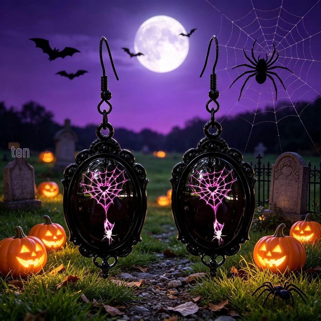 Halloween Gothic Spider Pendant Earrings with Time Gem