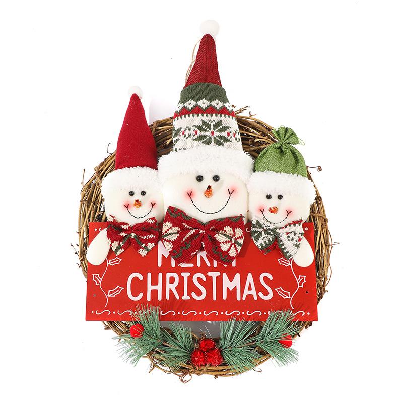 1pcs Fabric Christmas Wreath Garland with Santa and Snowman Door Wall Hanging Rattan Ornament for Holiday Scene Decor