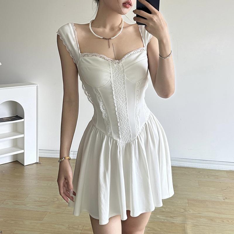 Women's Dress French Pure Desire Spice Girl Style Lace Patchwork Slip Dress Summer Ballet Girl White Waist Drop Dress