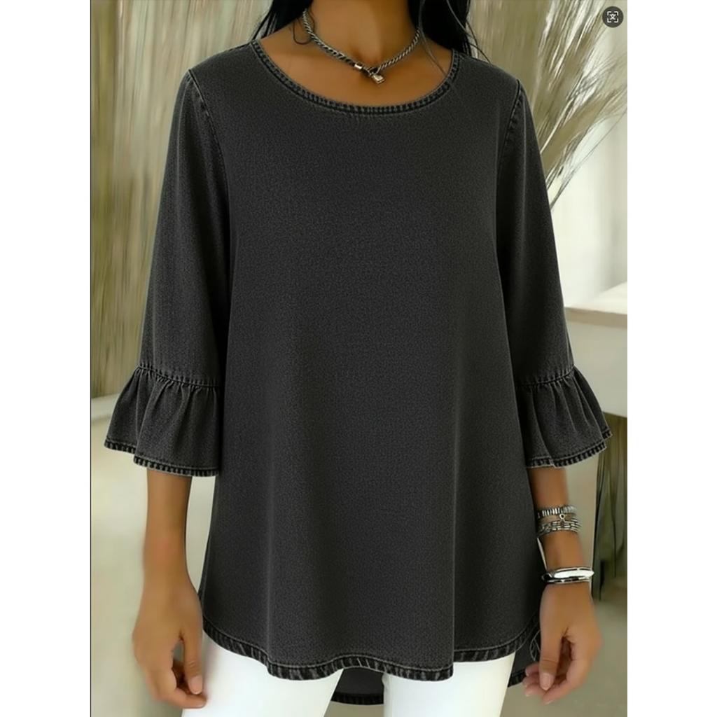 Spring Summer Casual Women's Crew Neck T-shirt Flounce Sleeve 3/4 Sleeve Top