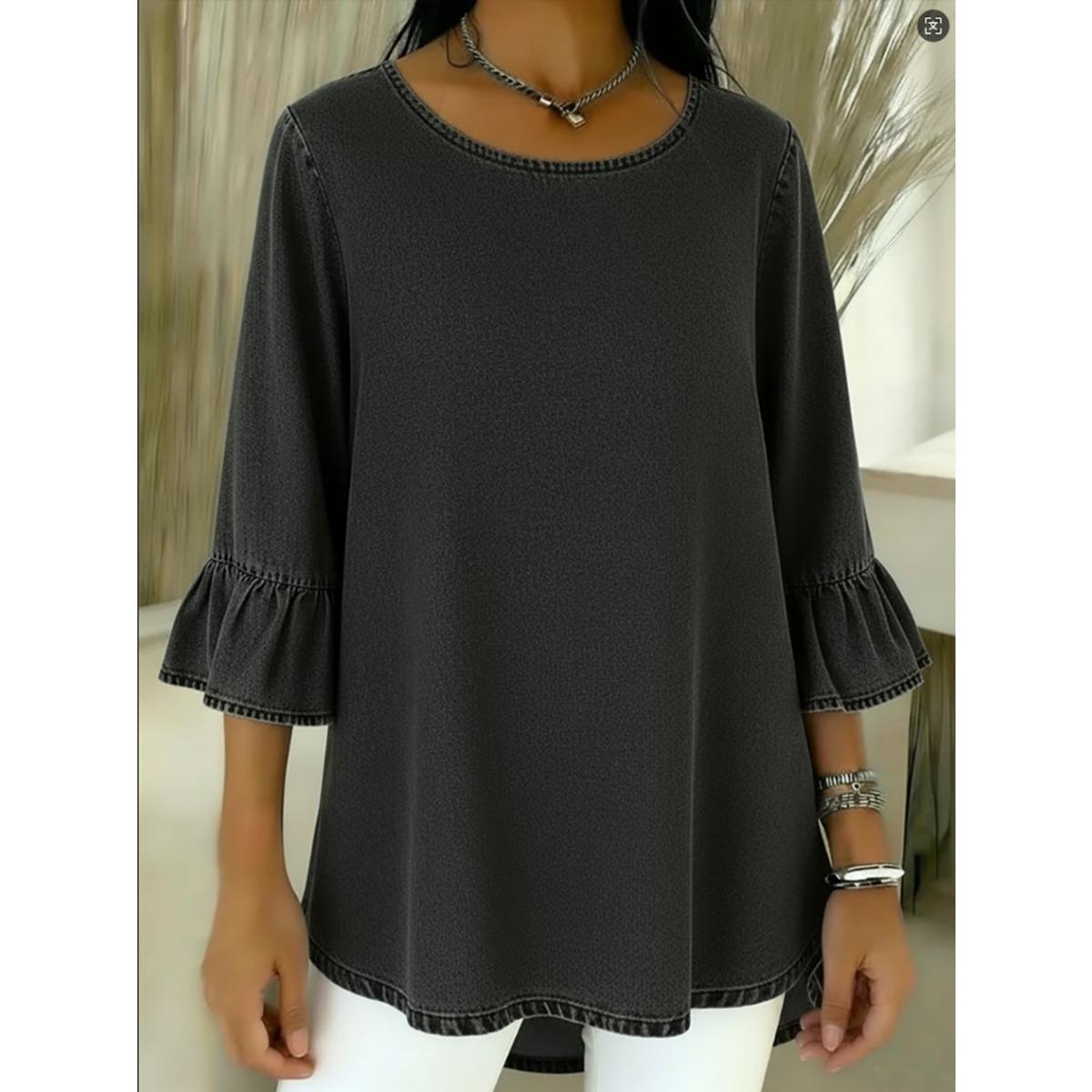 

Spring Summer Casual Women s Crew Neck T-shirt Flounce Sleeve 3/4 Sleeve Top S чёрный