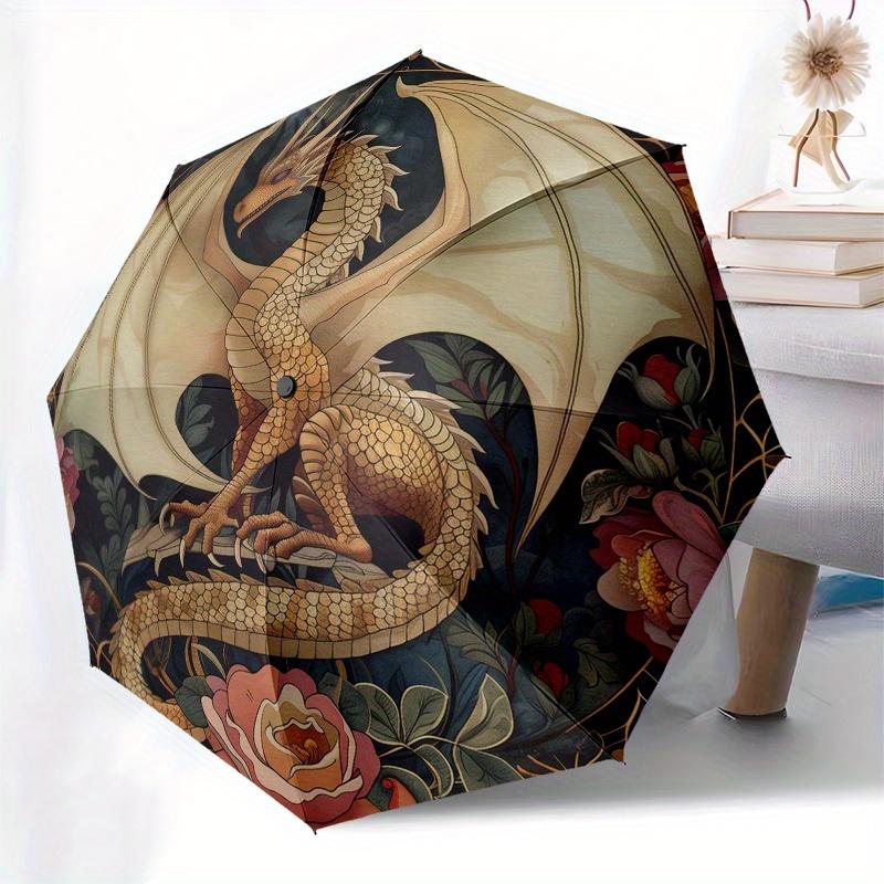 Golden Dragon with Flowers Circular Wall ArtDecorUmbrella, Portable 3-Fold Compact Umbrella for Men & Women Gift
