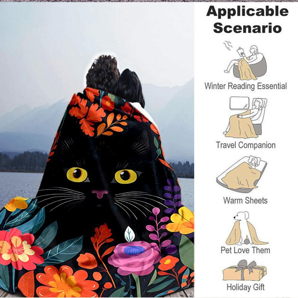 1pc Cat Flowers Lightweight Flannel Blanket, Comfortable and Warm Blanket, for Office and Camping Sofa Bed, Livingroom144