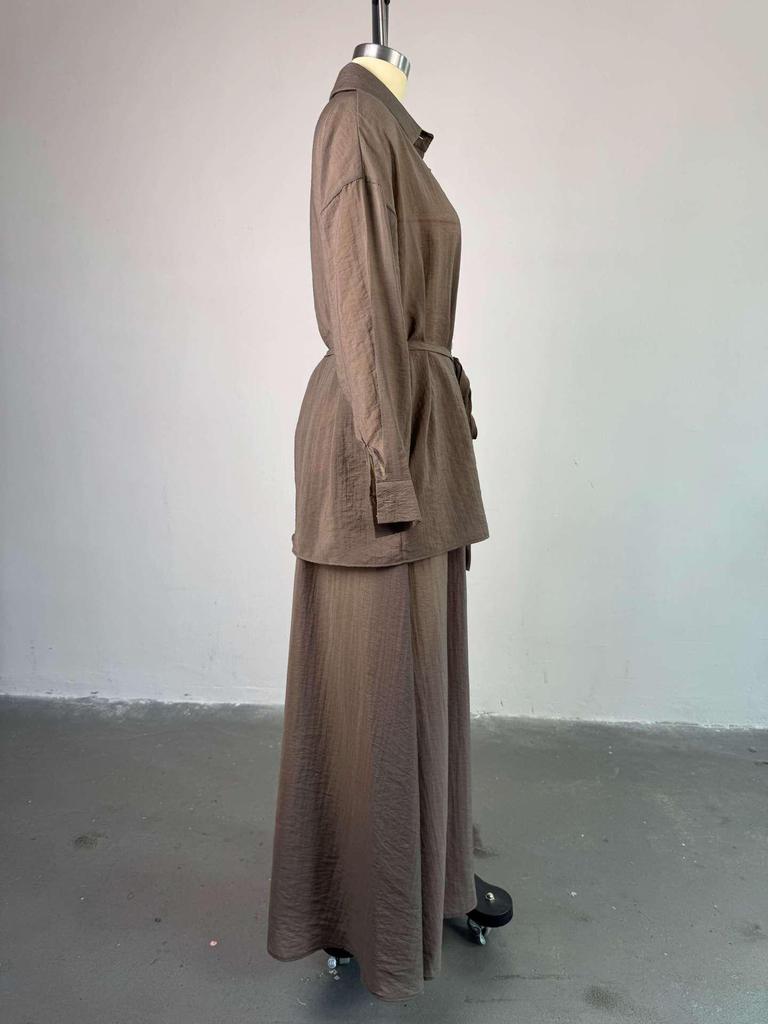 European & American Women's Spring/Summer 2025 Fashion: Loose Turn-down Collar Long-Sleeve Shirt & High-Waist Midi Skirt Set