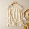 Damen Vintage Leinen Baumwolle Kurzarm Bluse - Schräger Knopfleisten Kragen Locker Sitzendes Oberteil für den Sommer