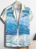 Men'S Casual Wave Pattern Print Shirt - Short-Sleeved Button Design, Bright Colors, Suitable for Outdoor And Casual Wear In Summer, Machine Washable